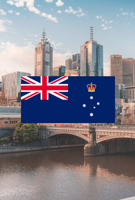 Melbourne cityscape with the Victoria state flag of Australia